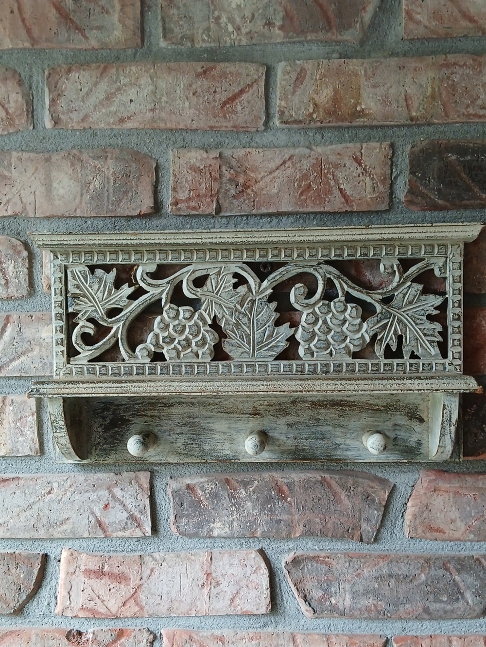 Distressed Painted Wood Carved Wall Shelf With Hooks